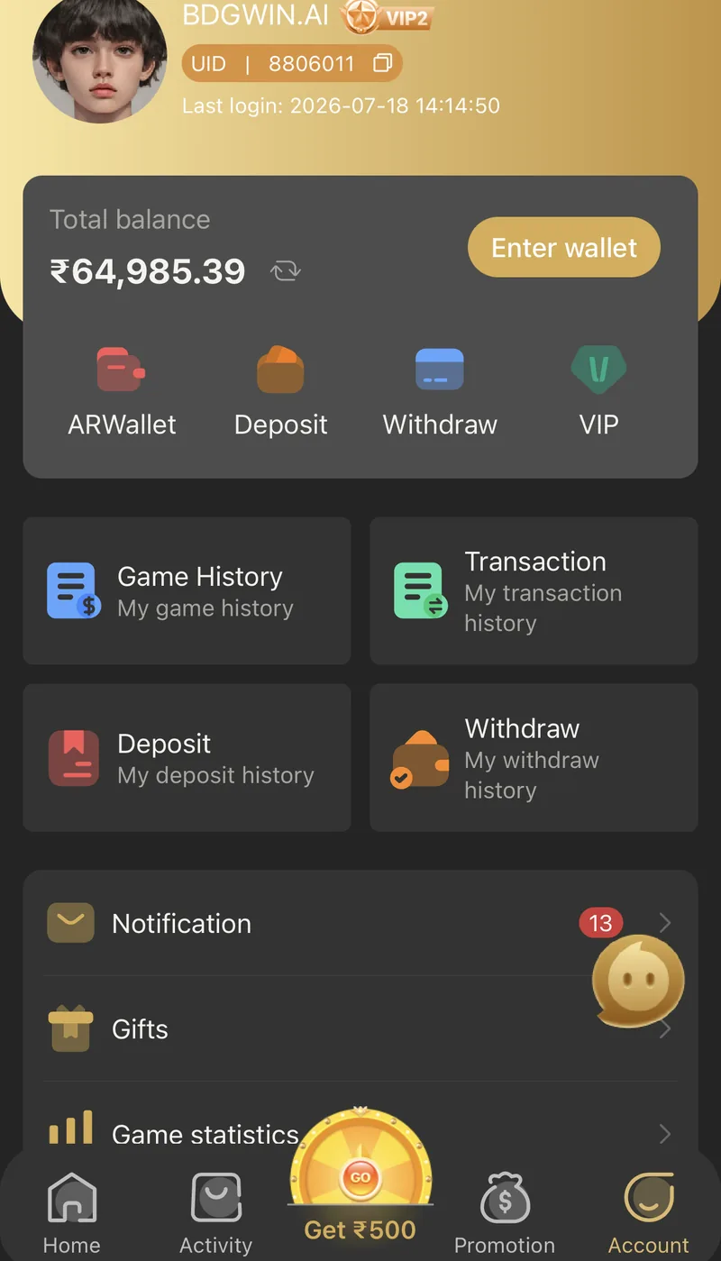 BDG Win account overview showing UID, VIP tier, last login timestamp and wallet balance