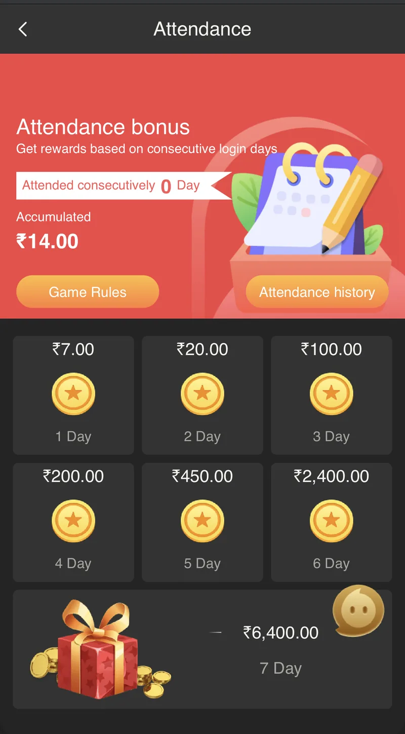 BDG Win attendance bonus screen showing rewards by consecutive login day