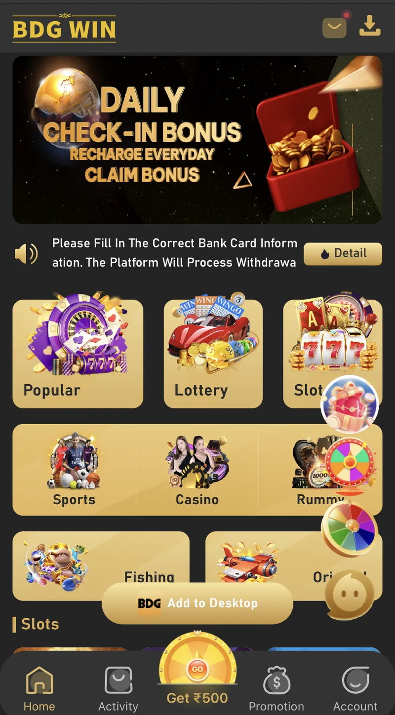 BDG Win home screen with all game categories one tap away