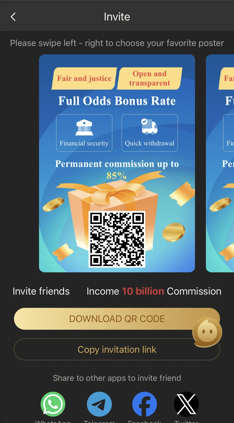 Shareable BDG Win referral poster with a scannable invite QR code and commission rate