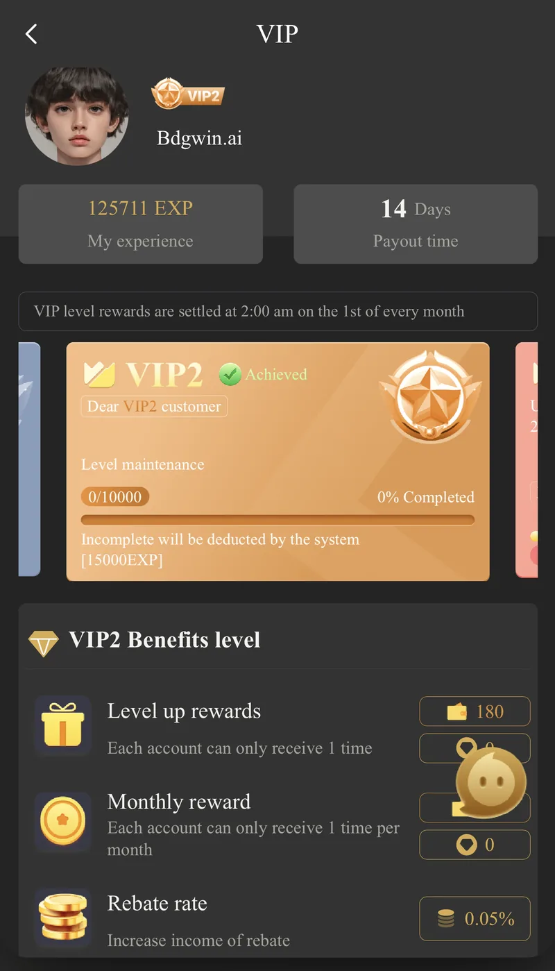 BDG Win VIP profile screen showing tier badge, experience points and unlocked benefits
